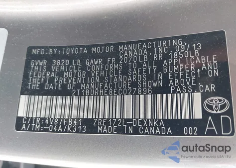 2014 Toyota Corolla Le from USA, damaged, VIN 2T1BURHE8EC027896